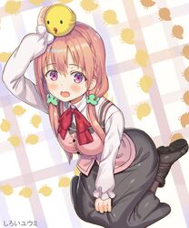  1girl animal animal_on_head black_legwear blush braid breasts brown_eyes brown_hair commentary_request cosplay gochuumon_wa_usagi_desu_ka? hair_ornament hair_scrunchie highres hinako_note hoto_cocoa hoto_cocoa_(cosplay) long_hair long_skirt long_sleeves look-alike looking_at_viewer low_twintails medium_breasts on_head open_mouth rabbit_house_uniform sakuragi_hinako scrunchie shiroi_yuumi skirt solo twintails 