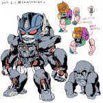  1boy 90s beast_wars dated directional_arrow glowing gorilla hands kamizono_(spookyhouse) machine machinery maximal mecha multicolored no_humans oldschool optimus_primal personification red_eyes robot simple_background solo transformers translation_request twitter_username white_background 