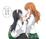  2girls black_hair blush brown_eyes girls_und_panzer glasses glasses_removed hairband long_hair multiple_girls ooarai_school_uniform orange_hair reizei_mako sitting takebe_saori thigh-highs translated umekichi wariza white_background yokozuwari yuri 