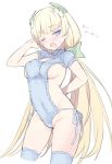  1girl ;o angela_balzac arm_behind_back bangs bare_shoulders blade_(galaxist) blonde_hair blue_eyes blue_legwear blue_ribbon blue_swimsuit blush breasts casual_one-piece_swimsuit cleavage_cutout covered_navel cowboy_shot erect_nipples eyebrows_visible_through_hair green_ribbon groin hair_ribbon hand_in_hair headgear long_hair looking_at_viewer low_twintails medium_breasts one-piece_swimsuit one_eye_closed open_mouth rakuen_tsuihou ribbon short_sleeves side-tie_swimsuit sideboob simple_background solo standing sweat swimsuit thighs translation_request tsurime twintails very_long_hair white_background 