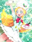  1girl blonde_hair blue_eyes bow character_request chef_hat cowboy_shot dessert dutch_angle food green_background hat kirahoshi_ciel kirakira_precure_a_la_mode light_particles long_hair pastry_bag plate precure red_bow skirt smile solo tj-type1 white_hat white_skirt 