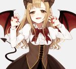  1girl bangs blonde_hair blouse brown_skirt chisumi claw_pose claws corset demon_horns demon_tail demon_wings eyebrows_visible_through_hair fang fingernails hands_up highres horns juliet_sleeves licking_lips long_fingernails long_hair long_sleeves looking_at_viewer open_mouth original pointy_ears puffy_sleeves sidelocks skirt smile solo tail tongue tongue_out underbust upper_body wavy_hair white_blouse wings 