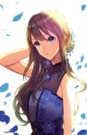  1girl blue_dress brown_hair commentary_request dress earrings green_eyes highres idolmaster idolmaster_cinderella_girls idolmaster_cinderella_girls_starlight_stage jewelry long_hair necklace petals shibuya_rin solo white_background zzebra 