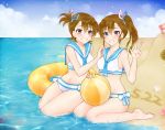  2girls ball beach beachball bikini blush clouds commentary_request dated flag futami_ami futami_mami hair_tie hand_on_another&#039;s_shoulder highres idolmaster inflatable_toy looking_at_viewer matching_outfit multiple_girls nakamura_(mugenlism) ocean sailor_swimsuit_(idolmaster) sand_castle sand_sculpture siblings side_ponytail sky smile swimsuit twins v 