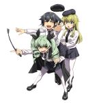  3girls anchovy anzio_school_uniform bangs belt beret black_cape black_hair black_hat black_necktie black_ribbon black_shoes black_skirt blonde_hair braid cape carpaccio dress_shirt drill_hair emblem full_body girls_und_panzer green_eyes green_hair hair_ribbon hat holding ifuji_shinsen leaning_forward loafers long_hair long_sleeves looking_at_another looking_at_viewer miniskirt multiple_girls necktie open_mouth pantyhose parted_lips pepperoni_(girls_und_panzer) pleated_skirt red_eyes ribbon riding_crop school_uniform shirt shoes short_hair side_braid simple_background skirt smile standing twin_drills twintails white_background white_legwear white_shirt 
