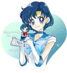  2girls bishoujo_senshi_sailor_moon blue_bow blue_choker blue_eyes blue_hair blue_sailor_collar blue_skirt bow brooch character_name chibi circlet closed_mouth dated dual_persona earrings elbow_gloves gloves happy_birthday jewelry juuban_middle_school_uniform looking_at_viewer magical_girl mizuno_ami multiple_girls pleated_skirt red_bow sailor_mercury sarashina_kau school_uniform serafuku short_hair skirt smile socks white_gloves 