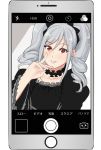  1girl drill_hair gothic_lolita grey_hair hand_in_front_of_face idolmaster idolmaster_cinderella_girls kanzaki_ranko lolita_fashion looking_at_viewer phone phone_screen red_eyes silver_hair sketch skulldrool smile solo twin_drills twintails 