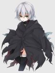  1girl assassin_of_black belt black_cloak black_legwear fate/apocrypha fate_(series) green_eyes grey_background highres kogeta_kaori looking_at_viewer one_leg_raised open_mouth scar short_hair silver_hair solo thigh-highs torn_cloak 