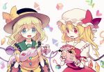  2girls blonde_hair blue_eyes blush bow eyeball eyebrows_visible_through_hair fang flandre_scarlet hat heart heart_of_string komeiji_koishi long_hair mimureem multiple_girls open_mouth puffy_sleeves red_bow red_eyes side_ponytail smile third_eye touhou white_background wings wrist_cuffs yellow_bow 
