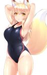  1girl ahoge animal_ears armpits arms_up artist_name blonde_hair blush breasts competition_swimsuit covered_navel cowboy_shot eyebrows_visible_through_hair fox_ears fox_tail hair_between_eyes highres large_breasts long_hair looking_at_viewer one-piece_swimsuit original parted_lips sideboob simple_background sogaya solo swimsuit tail white_background yellow_eyes 