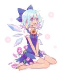  1girl :d barefoot blue_bow blue_dress blue_eyes blue_hair bow cirno dress flower full_body hair_bow ice ice_wings mimureem morning_glory multicolored multicolored_eyes open_mouth puffy_short_sleeves puffy_sleeves short_hair short_sleeves sitting smile solo sunflower tan tanned_cirno touhou v_arms violet_eyes wariza white_background wings 
