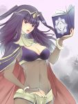  1girl book bracelet breasts circlet cleavage cloak covered_navel fingerless_gloves fire_emblem fire_emblem:_kakusei gloves jewelry kariu large_breasts long_hair looking_at_viewer nail_polish open_mouth purple_hair see-through smile solo tharja twintails upper_body violet_eyes 