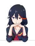  1girl black_hair blue_eyes chin_rest grin hair_between_eyes kill_la_kill matoi_ryuuko multicolored_hair pocari_sweat_(artist) redhead school_uniform senketsu serafuku short_hair smile smug streaked_hair two-tone_hair upper_body 