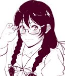  1girl bakemonogatari black_hair blush braid glasses hanekawa_tsubasa juliet_sleeves long_hair long_sleeves looking_at_viewer monogatari_(series) puffy_sleeves sketch skulldrool smile solo twin_braids uniform violet_eyes 