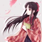  1girl bangs beige_background black_hair book bow chisumi hair_bow hakama highres holding holding_book japanese_clothes kimono long_hair looking_to_the_side original parted_bangs parted_lips petals pink_bow ponytail red_eyes red_kimono red_string sidelocks simple_background smile solo string upper_body wide_sleeves yagasuri 