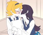  2girls barbara_(little_witch_academia) black_hair blue_hairband blush book closed_eyes couple drawfag female flat_color freckles glasses hairband hand_holding holding holding_book kiss little_witch_academia long_hair long_sleeves looking_at_another lotte_jansson multiple_girls neck orange_hair red-framed_glasses semi-rimless_glasses short_hair side-by-side surprised sweatdrop upper_body wand white_skin witch yuri 