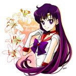  1girl bishoujo_senshi_sailor_moon bow character_name circlet closed_mouth earrings flower gloves happy_birthday hino_rei jewelry lily_(flower) long_hair looking_at_viewer magical_girl purple_bow purple_hair red_choker red_sailor_collar sailor_mars sarashina_kau signature smile solo star star_earrings upper_body violet_eyes white_gloves 