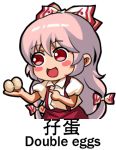  1girl :d bow chibi chinese egg fujiwara_no_mokou hair_bow long_hair lowres meme open_mouth pink_hair pointing red_eyes revision shangguan_feiying simple_background smile solo touhou translated white_background 