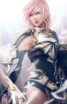  1girl armor cowboy_shot elbow_spikes feathers final_fantasy final_fantasy_xiii gauntlets grey_eyes highres lightning_farron looking_at_viewer pink_hair shoulder_armor signature solo standing tooaya white_feathers 