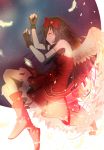  1girl aoba_(zhan_jian_shao_nyu) black_gloves black_hair bow closed_eyes detached_sleeves dress feathered_wings feathers fingerless_gloves from_side gloves hair_bow highres long_hair long_legs lying on_side parted_lips profile re:rin red_bow red_dress ribbon-trimmed_sleeves ribbon_trim solo wings zhan_jian_shao_nyu 