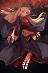  1girl black_dress black_shoes blonde_hair chinese_clothes dress flower full_body high_heels highres junko_(touhou) light_smile long_hair long_sleeves red_eyes ribbon sash shoes solo tabard thkani touhou very_long_hair wide_sleeves yellow_ribbon 