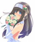  1girl alternate_costume bare_shoulders black_hair blue_eyes blush bouquet breasts bridal_veil commentary_request covering_mouth dress elbow_gloves flower gloves hairband highres hujikok idolmaster idolmaster_cinderella_girls large_breasts long_hair looking_at_viewer open-back_dress sagisawa_fumika sideboob simple_background solo upper_body veil wedding_dress white_background 