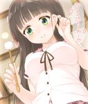  1girl bangs black_ribbon blouse blunt_bangs blush breasts brown_hair buttons ceiling closed_mouth commentary_request dutch_angle eyebrows_visible_through_hair flower from_below gochuumon_wa_usagi_desu_ka? green_eyes hair_flower hair_ornament hair_ribbon hand_on_ear heart holding indoors long_hair looking_at_viewer medium_breasts mimikaki pink_ribbon plaid plaid_skirt red_skirt ribbon school_uniform short_sleeves skirt smile solo tippy_(gochiusa) translated ug_(nekonekodou) ujimatsu_chiya upper_body white_blouse wooden_beam 