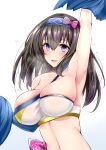  1girl arm_up armpits bare_shoulders black_hair blue_eyes blue_hairband blush bow breasts cheerleader choker cleavage flying_sweatdrops hair_between_eyes hairband highres idolmaster idolmaster_cinderella_girls large_breasts long_hair looking_at_viewer midriff open_mouth pom_poms sagisawa_fumika sankakusui_(deltawhite) shiny shiny_skin skindentation smile solo sweat waist 