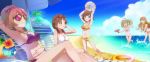  ball beach beachball bikini highres honda_mio idolmaster idolmaster_cinderella_girls jougasaki_mika katagiri_sanae moroboshi_kirari official_art satou_shin shell shell_bikini sunbathing sunglasses swimsuit 