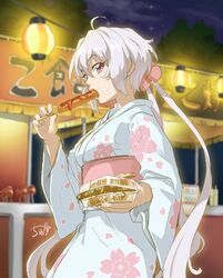  1girl ahoge candy_apple eating festival floral_print food hot_dog japanese_clothes kimono lantern long_hair obi paper_lantern purple_hair sash senki_zesshou_symphogear solo twintails tyuga very_long_hair violet_eyes white_hair yakisoba yukine_chris 