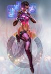  1girl breasts dark_skin dissolving_clothes highres holographic_interface looking_at_viewer lying multicolored_hair navel on_back overwatch parted_lips smile solo sombra_(overwatch) stomach thigh-highs thong two-tone_hair undercut yang_fan 