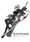  b.c.n.y. black_dress black_hairband blindfold boots cleavage_cutout covered_eyes dress feather-trimmed_sleeves hairband high_heel_boots high_heels holding holding_sword holding_weapon juliet_sleeves long_sleeves mole mole_under_mouth nier_(series) nier_automata pink_lips puffy_sleeves silver_hair sword thigh-highs thigh_boots thighhighs_under_boots vambraces weapon yorha_no._2_type_b 