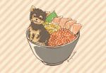  bowl dog food ikura_(food) mojacookie no_humans sashimi signature striped striped_background yorkshire_terrier 