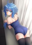  1girl :t ahoge ass bare_shoulders black_legwear blue_eyes blue_hair blue_swimsuit blurry blurry_background from_behind highres kazenokaze light_particles long_hair looking_at_viewer looking_back one-piece_swimsuit pout rokudenashi_majutsu_koushi_to_akashic_record ryiel_rayford school_swimsuit shoulder_blades solo strap_slip swimsuit thigh-highs 
