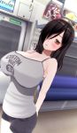  1girl 3d arms_behind_back artist_request bare_shoulders bike_shorts black_hair blush breasts brown_eyes cleavage hair_over_one_eye highres huge_breasts long_hair looking_at_viewer open_mouth original solo standing train_interior 