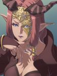  1girl blue_eyes breasts cleavage fire_emblem fire_emblem_echoes:_mou_hitori_no_eiyuuou horns jewelry lipstick long_hair makeup mask matsudo_aya nail_polish nuibaba open_mouth pink_hair pointy_ears portrait ring solo 