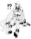  ! !? 1girl absurdly_long_hair boots breasts claws cleavage collar cosmic_bear detached_sleeves dress high_collar high_heel_boots high_heels horn kantai_collection large_breasts lineart long_hair looking_at_viewer monochrome ribbed_dress seaport_water_oni shinkaisei-kan short_dress sitting solo spoken_exclamation_mark thigh-highs thigh_boots very_long_hair 