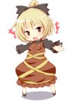  &gt;:d 1girl :d bangs black_bow blonde_hair blush bow brown_dress brown_eyes chibi dress ebi_193 full_body hair_bow high_ponytail kurodani_yamame looking_at_viewer open_mouth outstretched_arms short_hair smile solo spread_arms standing touhou 