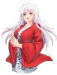  1girl bangs breasts cropped_legs eyebrows_visible_through_hair ghost hanten_(clothes) japanese_clothes kimono large_breasts long_hair looking_at_viewer open_mouth own_hands_together red_eyes simple_background smile solo triangular_headpiece ucukrtz upper_body white_background white_hair white_kimono yunohana_yuuna yuragisou_no_yuuna-san 