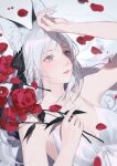  1girl animal_ears bangs bare_shoulders breasts dress fingernails flower fox_ears grey_eyes hair_ribbon lying medium_breasts mole on_back original petals ribbon rose rose_petals signature silver_hair solo white_dress yueko_(jiayue_wu) 