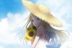  1girl bangs blonde_hair blue_sky clouds cloudy_sky dress flower from_side hat holding holding_flower long_hair looking_at_viewer looking_back original parted_lips sakurai_unan sky solo straw_hat summer sundress sunflower upper_body violet_eyes white_dress 