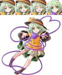  1girl :d :o alphes_(style) bangs black_hat bow brown_legwear closed_eyes closed_mouth commentary_request dairi eyebrows_visible_through_hair floral_print full_body green_eyes green_hair green_skirt hair_between_eyes hat hat_bow highres komeiji_koishi long_sleeves looking_at_viewer multiple_views no_hat no_headwear no_shoes open_mouth parody print_skirt skirt smile socks style_parody sweat tachi-e third_eye touhou transparent_background yellow_bow 
