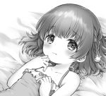  1girl bangs bed_sheet blush braid bunny_hair_ornament closed_mouth collarbone eyebrows_visible_through_hair greyscale hair_ornament hand_up konayama_kata looking_at_viewer lying monochrome on_back original side_braid solo 