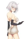  1girl ahoge bare_shoulders black_gloves blush breasts cellphone dress elbow_gloves expressionless fate/grand_order fate_(series) gloves grey_hair highres jeanne_alter jilu looking_at_viewer medium_breasts open_back phone ruler_(fate/apocrypha) short_hair sideboob smartphone solo strapless strapless_dress white_background yellow_eyes zipper_pull_tab 
