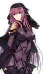  1girl bangs bodysuit breasts covered_navel cowboy_shot fate/grand_order fate_(series) kanosigu large_breasts long_hair looking_at_viewer parted_lips pauldrons purple_bodysuit purple_hair red_eyes scathach_(fate/grand_order) solo veil 