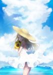  1girl bangs blonde_hair blue_sky clouds cloudy_sky condensation_trail cowboy_shot dress flower from_side hat highres holding holding_flower long_hair looking_at_viewer looking_back original parted_lips sakurai_unan sky solo straw_hat summer sundress sunflower twitter_username violet_eyes white_dress 