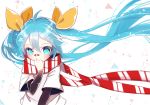  1girl ahoge bandaid bandaid_on_nose blue_eyes blue_hair chuuko_anpu common_world_domination_(vocaloid) floating_hair hatsune_miku highres long_hair looking_at_viewer scarf solo twintails very_long_hair vocaloid white_background 
