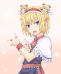  1girl alice_margatroid bishoujo_senshi_sailor_moon blonde_hair blue_dress blue_eyes capelet commentary_request doll dress hairband lolita_hairband miyo_(ranthath) open_mouth parody sash shanghai_doll short_hair simple_background touhou tsuki_ni_kawatte_oshioki_yo 