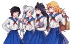  4girls bag blake_belladonna blue_sailor_collar blue_skirt book ecru hand_mirror mirror multiple_girls ruby_rose rwby school_bag school_uniform serafuku skirt weiss_schnee yang_xiao_long 