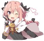  1boy blush braid cape fang fate/apocrypha fate_(series) hair_ribbon long_hair looking_at_viewer male_focus one_eye_closed open_mouth pink_hair ribbon rider_of_black single_braid smile solo trap violet_eyes wadayaki 